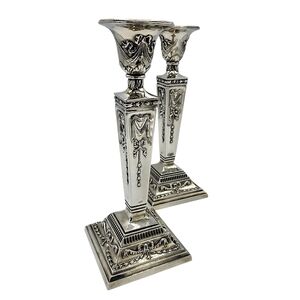 Pair of Topazio Silver-plated Rams-Head Neoclassical Candlesticks
